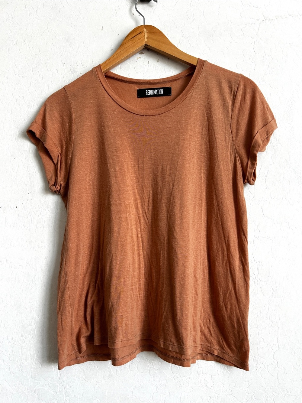 Reformation T-Shirt/Tee Medium Short Sleeve Linen Blend Rust Burnt Orange